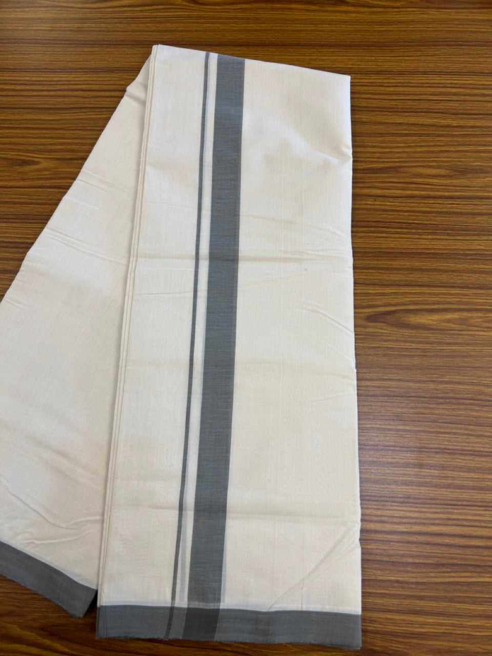 25% Discount ! KaithariKada Handloom Millpaav Balaramapuram - 100% PURE Cotton OFF White (Unbleached) Double Mundu/Dothi - 80x90 - 1.25 inch Grey Mulloth Kara 4 Meters (8.5 Muzham) - 1 KK5256 RAM