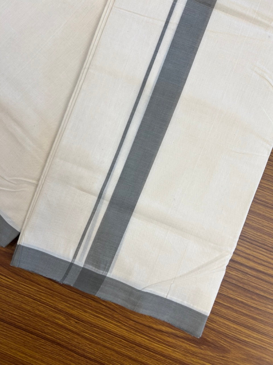 25% Discount ! KaithariKada Handloom Millpaav Balaramapuram - 100% PURE Cotton OFF White (Unbleached) Double Mundu/Dothi - 80x90 - 1.25 inch Grey Mulloth Kara 4 Meters (8.5 Muzham) - 1 KK5256 RAM