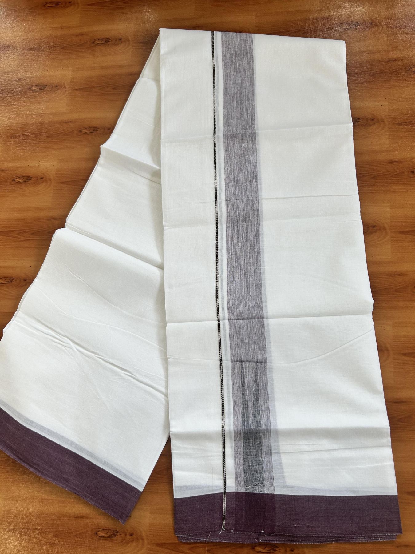 Double Pure White Mundu/Dhoti - 20% Discount !! KaithariKada Balaramapuram 100% Cotton - 100x80 - 1.5 inch Dark Wine & Black Silver Chutty Kara 3.80 mtr (8 muzham) - 10 KK5414 CKS