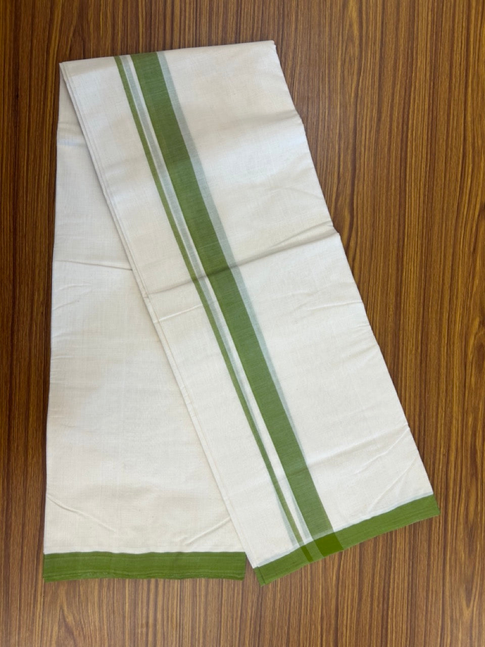 25% Discount ! KaithariKada Handloom Millpaav Balaramapuram - 100% PURE Cotton OFF White (Unbleached) Double Mundu/Dothi - 80x90 - 1.25 inch Light Green Mulloth Kara 4 Meters (8.5 Muzham) - 3 KK5256 RAM