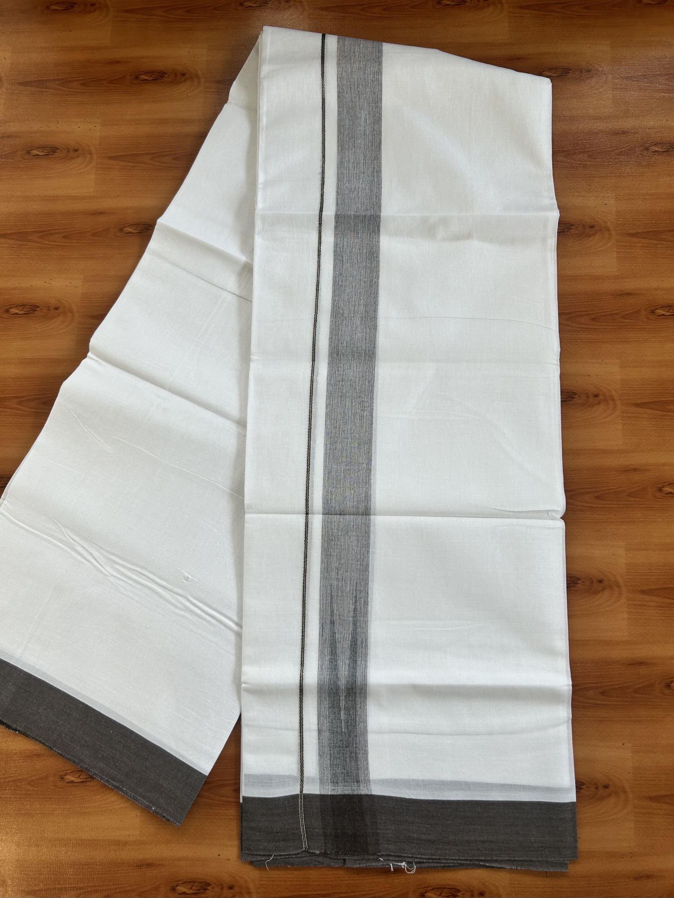 Double Pure White Mundu/Dhoti - 20% Discount !! KaithariKada Balaramapuram 100% Cotton - 100x80 - 1.5 inch Dark Brown & Black Silver Chutty Kara 3.80 mtr (8 muzham) - 11 KK5414 CKS