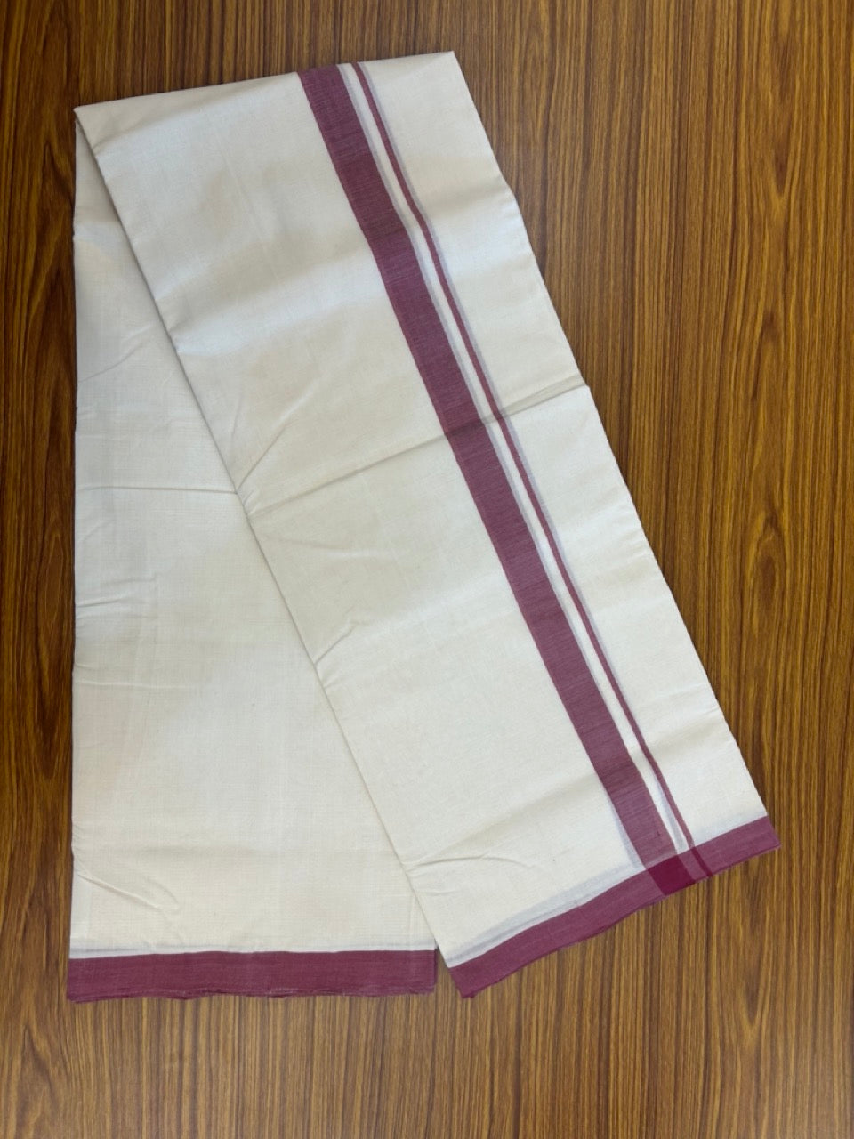 25% Discount ! KaithariKada Handloom Millpaav Balaramapuram - 100% PURE Cotton OFF White (Unbleached) Double Mundu/Dothi - 80x90 - 1 inch Dull Magenta Mulloth Kara 4 Meters (8.5 Muzham) - 4 KK5256 RAM