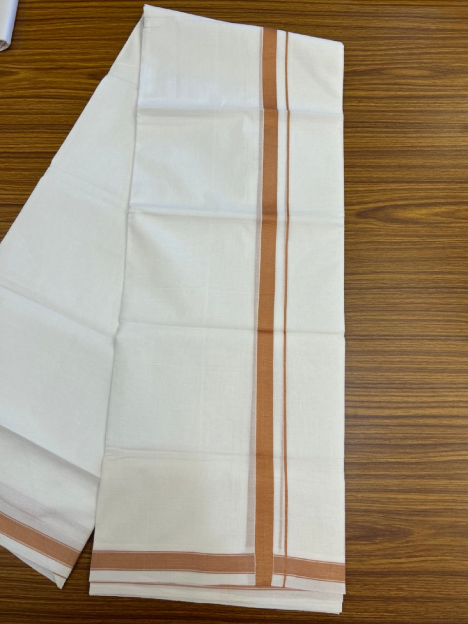 5% Discount! KaithariKada Balaramapuram 100% Cotton Double Pure white Mundu/Dhoti- 100x100 - 0.75 inch Puliyilakkara Brick Yellow One Side Chutty Kara - 3.90 mtr (8 muzham) - 53 KK5279 CKS