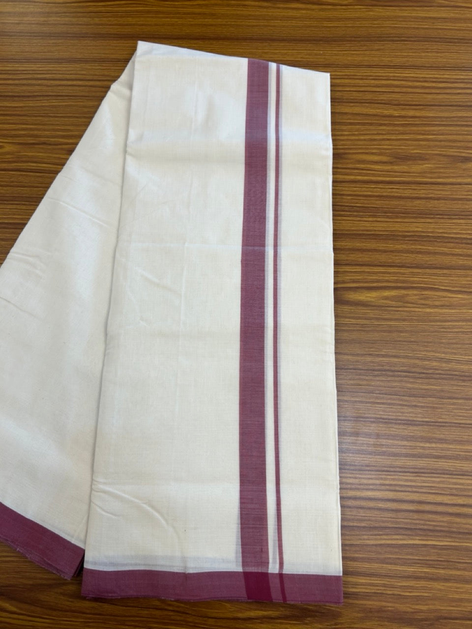 25% Discount ! KaithariKada Handloom Millpaav Balaramapuram - 100% PURE Cotton OFF White (Unbleached) Double Mundu/Dothi - 80x90 - 1 inch Dull Magenta Mulloth Kara 4 Meters (8.5 Muzham) - 4 KK5256 RAM