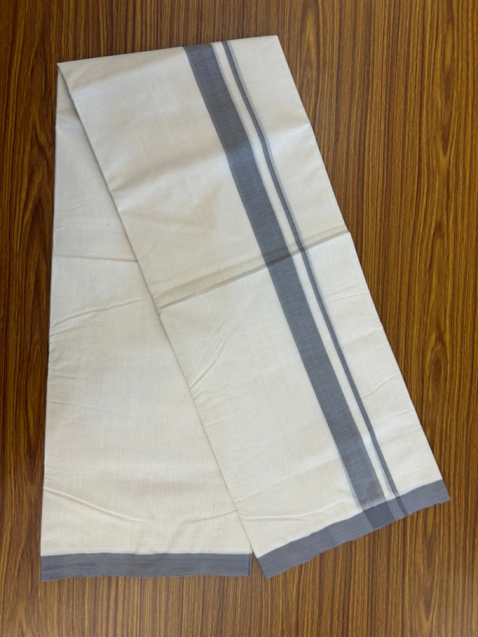25% Discount ! KaithariKada Handloom Millpaav Balaramapuram - 100% PURE Cotton OFF White (Unbleached) Double Mundu/Dothi - 80x90 - 1.25 inch Ash Grey Mulloth Kara 4 Meters (8.5 Muzham) - 5 KK5256 RAM