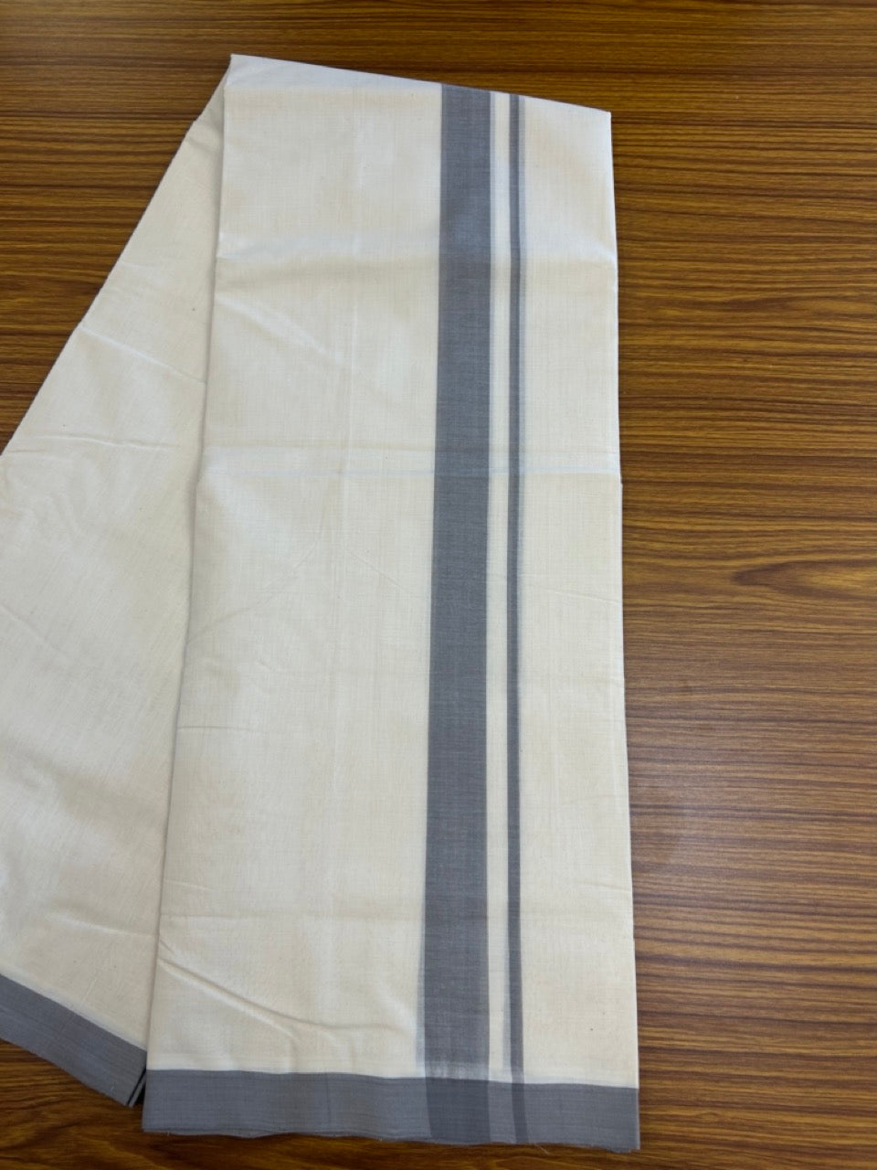 25% Discount ! KaithariKada Handloom Millpaav Balaramapuram - 100% PURE Cotton OFF White (Unbleached) Double Mundu/Dothi - 80x90 - 1.25 inch Ash Grey Mulloth Kara 4 Meters (8.5 Muzham) - 5 KK5256 RAM