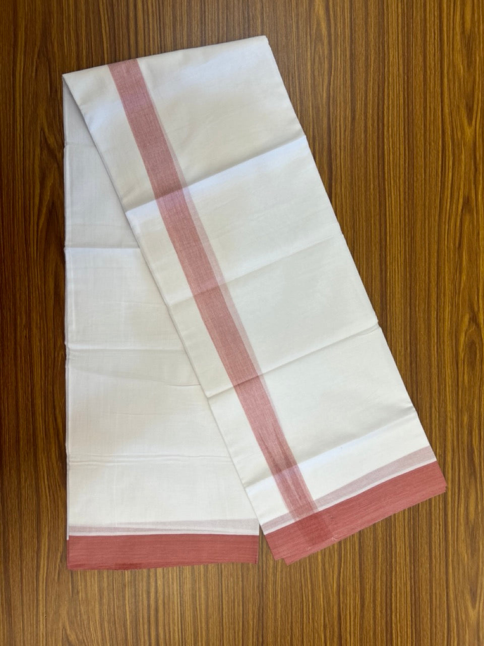20% Discount! KaithariKada Balaramapuram 100% Cotton Double Pure white Mundu/Dhoti- 100x80 - 1.25 inch Puliyilakkara Peach Pink Shaded Chutty Kara - 3.90 mtr (8 muzham) - 56 KK5279 CKS
