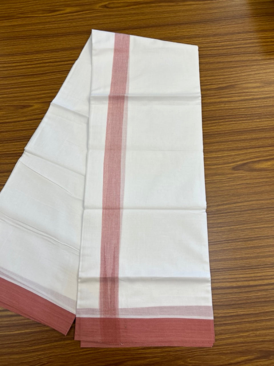 20% Discount! KaithariKada Balaramapuram 100% Cotton Double Pure white Mundu/Dhoti- 100x80 - 1.25 inch Puliyilakkara Peach Pink Shaded Chutty Kara - 3.90 mtr (8 muzham) - 56 KK5279 CKS