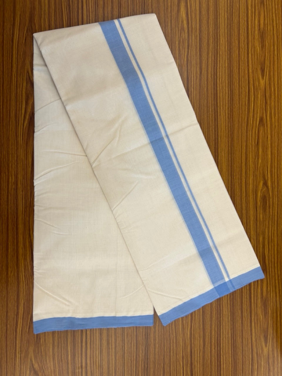 25% Discount ! KaithariKada Handloom Millpaav Balaramapuram - 100% PURE Cotton OFF White (Unbleached) Double Mundu/Dothi - 80x90 - 1 inch Light Blue Mulloth Kara 4 Meters (8.5 Muzham) - 6 KK5256 RAM