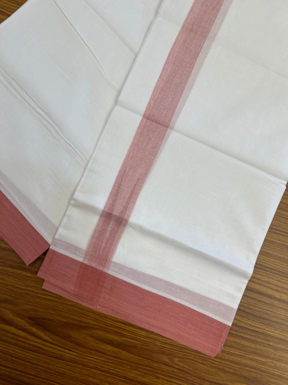 20% Discount! KaithariKada Balaramapuram 100% Cotton Double Pure white Mundu/Dhoti- 100x80 - 1.25 inch Puliyilakkara Peach Pink Shaded Chutty Kara - 3.90 mtr (8 muzham) - 56 KK5279 CKS
