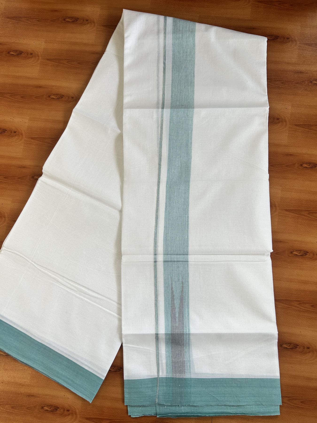 Double Pure White Mundu/Dhoti - 20% Discount !! KaithariKada Balaramapuram 100% Cotton - 100x80 - 1.5 inch Turquoise & Ash Grey Silver Chutty Kara 3.80 mtr (8 muzham) - 14 KK5414 CKS