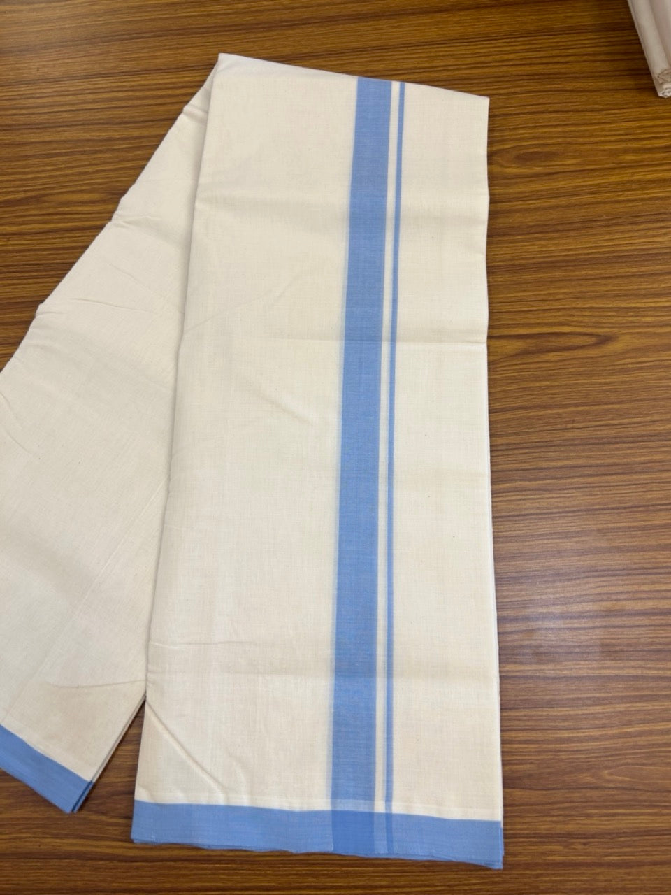 25% Discount ! KaithariKada Handloom Millpaav Balaramapuram - 100% PURE Cotton OFF White (Unbleached) Double Mundu/Dothi - 80x90 - 1 inch Light Blue Mulloth Kara 4 Meters (8.5 Muzham) - 6 KK5256 RAM