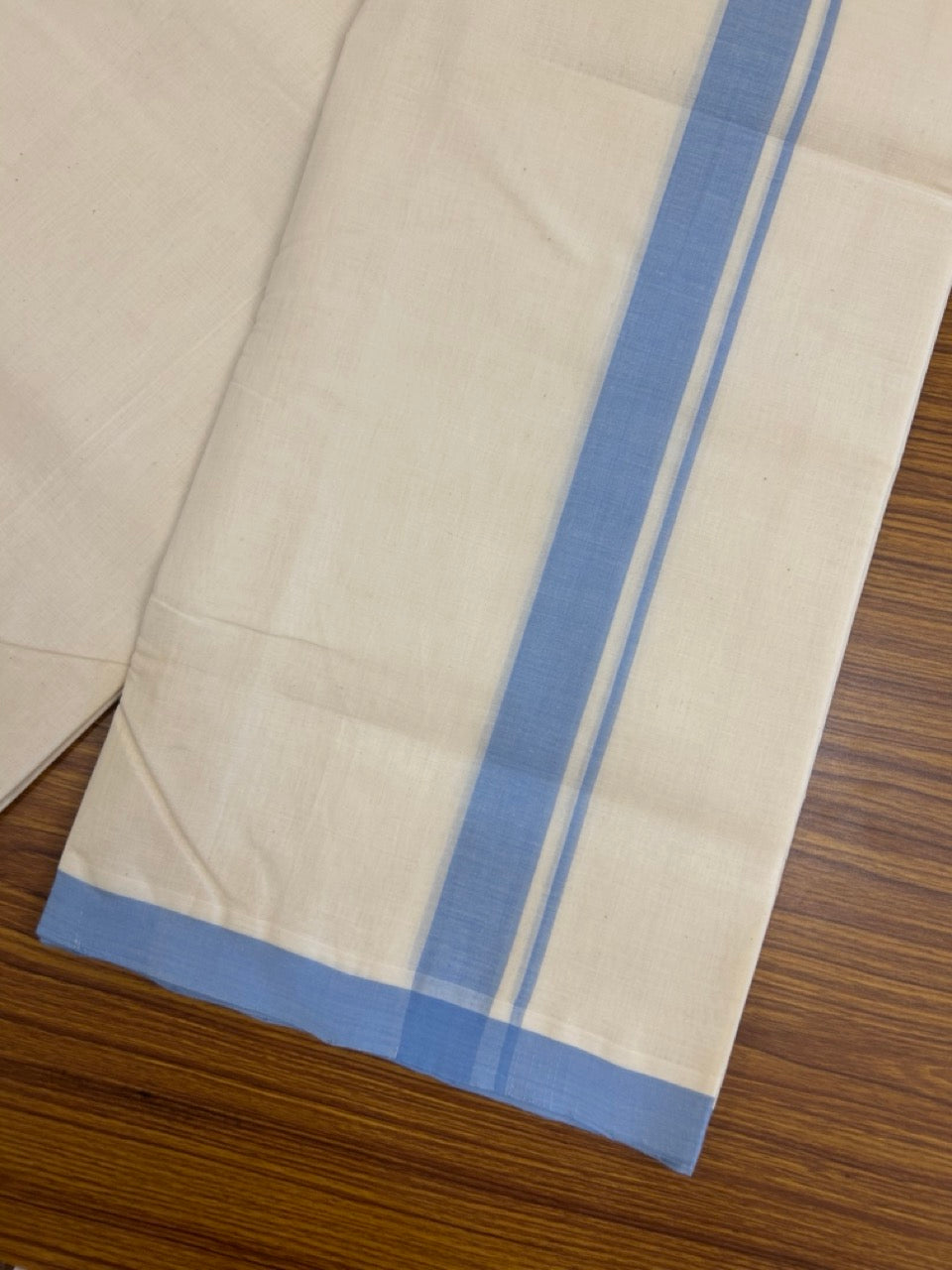 25% Discount ! KaithariKada Handloom Millpaav Balaramapuram - 100% PURE Cotton OFF White (Unbleached) Double Mundu/Dothi - 80x90 - 1 inch Light Blue Mulloth Kara 4 Meters (8.5 Muzham) - 6 KK5256 RAM