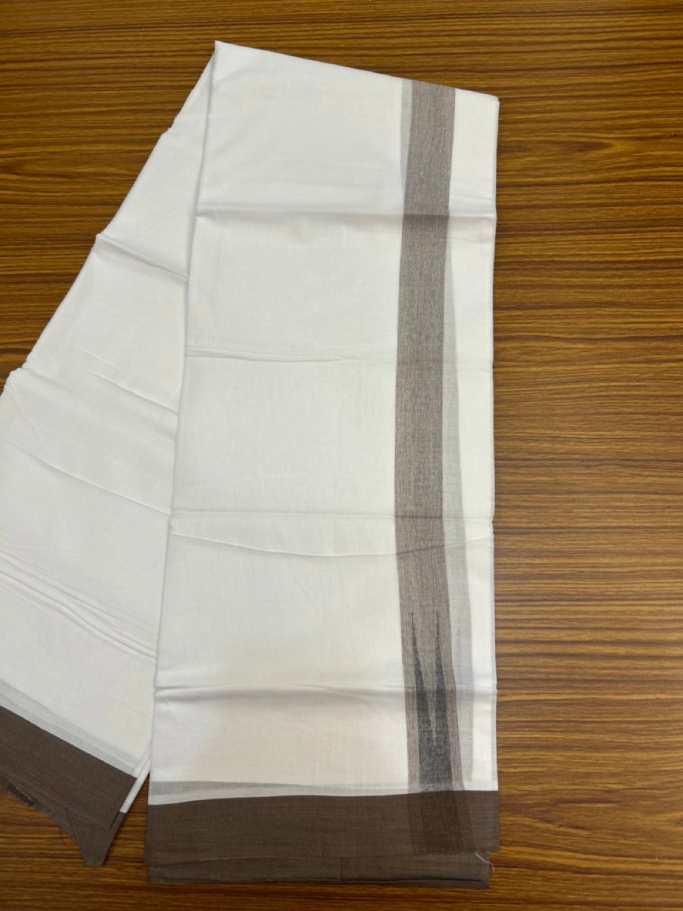 20% Discount! KaithariKada Balaramapuram 100% Cotton Double Pure white Mundu/Dhoti- 100x80 - 1.5 inch Puliyilakkara Brown & Black Shaded Chutty Kara - 3.90 mtr (8 muzham) - 57 KK5279 CKS