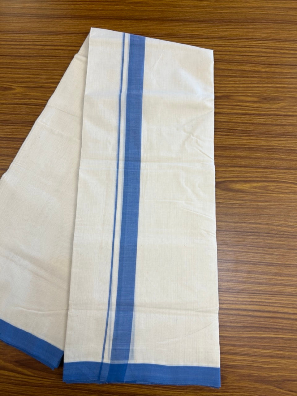 25% Discount ! KaithariKada Handloom Millpaav Balaramapuram - 100% PURE Cotton OFF White (Unbleached) Double Mundu/Dothi - 80x90 - 1.25 inch Blue Mulloth Kara 4 Meters (8.5 Muzham) - 8 KK5256 RAM
