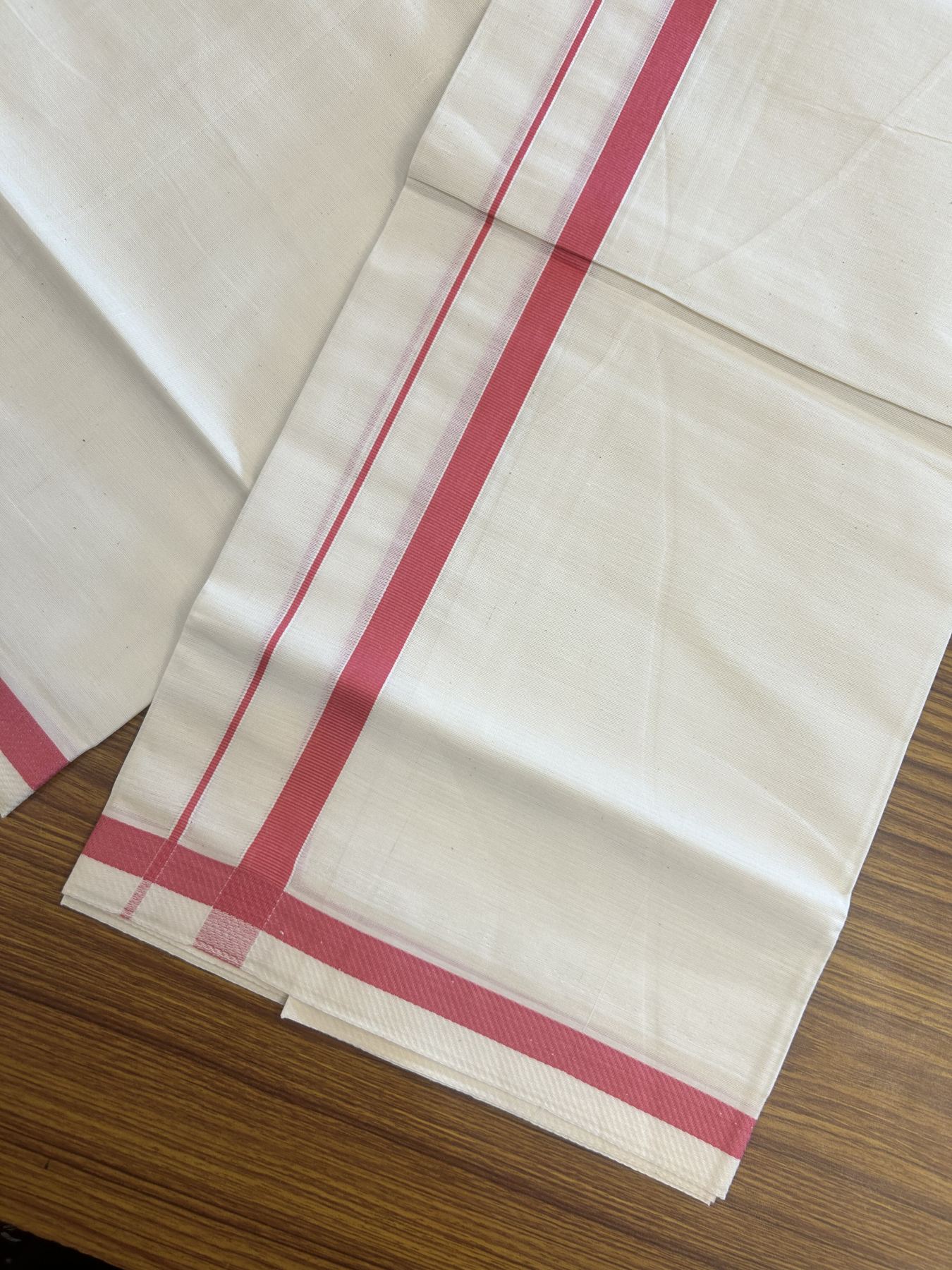 7% Discount! KaithariKada Balaramapuram 100% Cotton Single Off White - (Unbleached) Mundu/Dhoti - 100x80 - 0.5 inch Silver Kasav & Red pink kara (2 meter / 4 muzham) - 63 KK52313 PMC