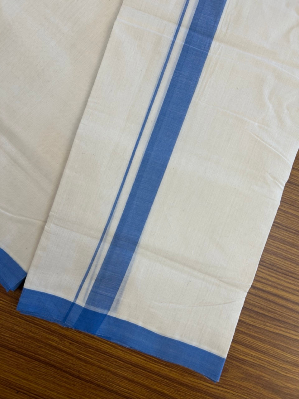 25% Discount ! KaithariKada Handloom Millpaav Balaramapuram - 100% PURE Cotton OFF White (Unbleached) Double Mundu/Dothi - 80x90 - 1.25 inch Blue Mulloth Kara 4 Meters (8.5 Muzham) - 8 KK5256 RAM