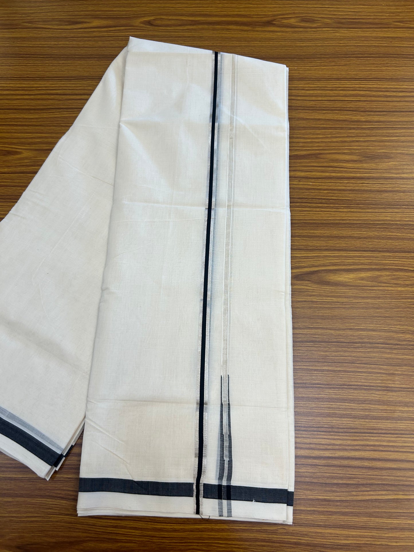 25% Discount!! KaithariKada Handloom Unakkupaav - Kerala Handloom - 100% Pure Cotton Off White - (Unbleached) Double Mundu/Dothi - 80X90 - 0.5 inch Puliyilakkara Silver Kasav & Black Chutty Kara 3.90 mtr (8 muzham) - 1 KK5369 YAR