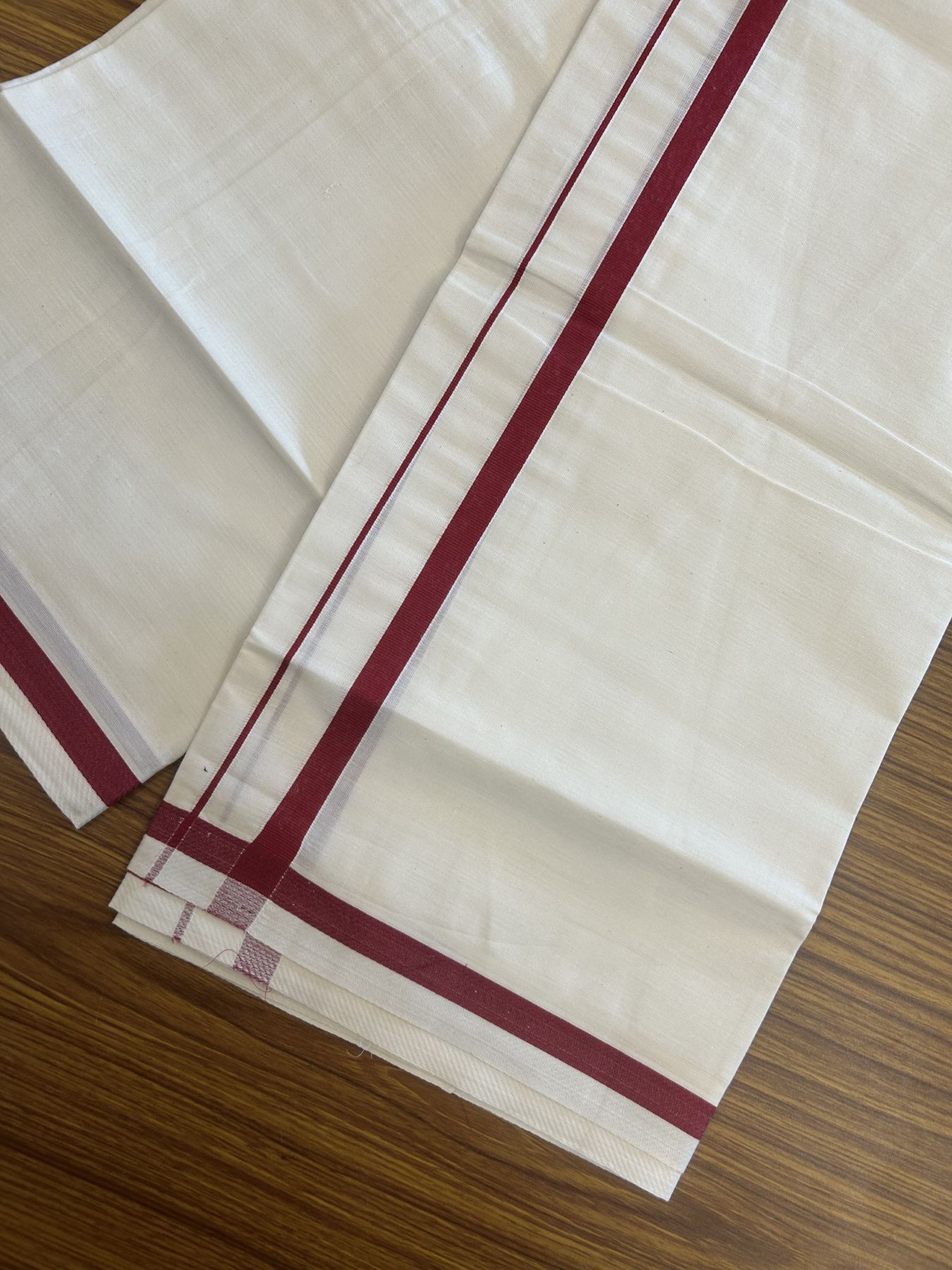 7% Discount! KaithariKada Balaramapuram 100% Cotton Single Off White - (Unbleached) Mundu/Dhoti - 100x80 - 0.5 inch Silver Kasav & Maroon kara (2 meter / 4 muzham) - 64 KK52313 PMC
