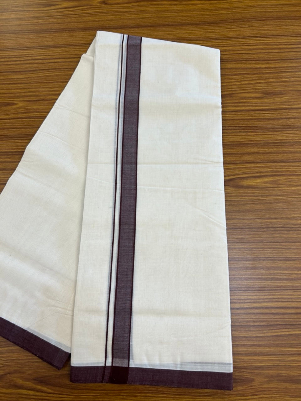 25% Discount ! KaithariKada Handloom Millpaav Balaramapuram - 100% PURE Cotton OFF White (Unbleached) Double Mundu/Dothi - 80x90 - 1 inch Dark Brown Mulloth Kara 4 Meters (8.5 Muzham) - 9 KK5256 RAM