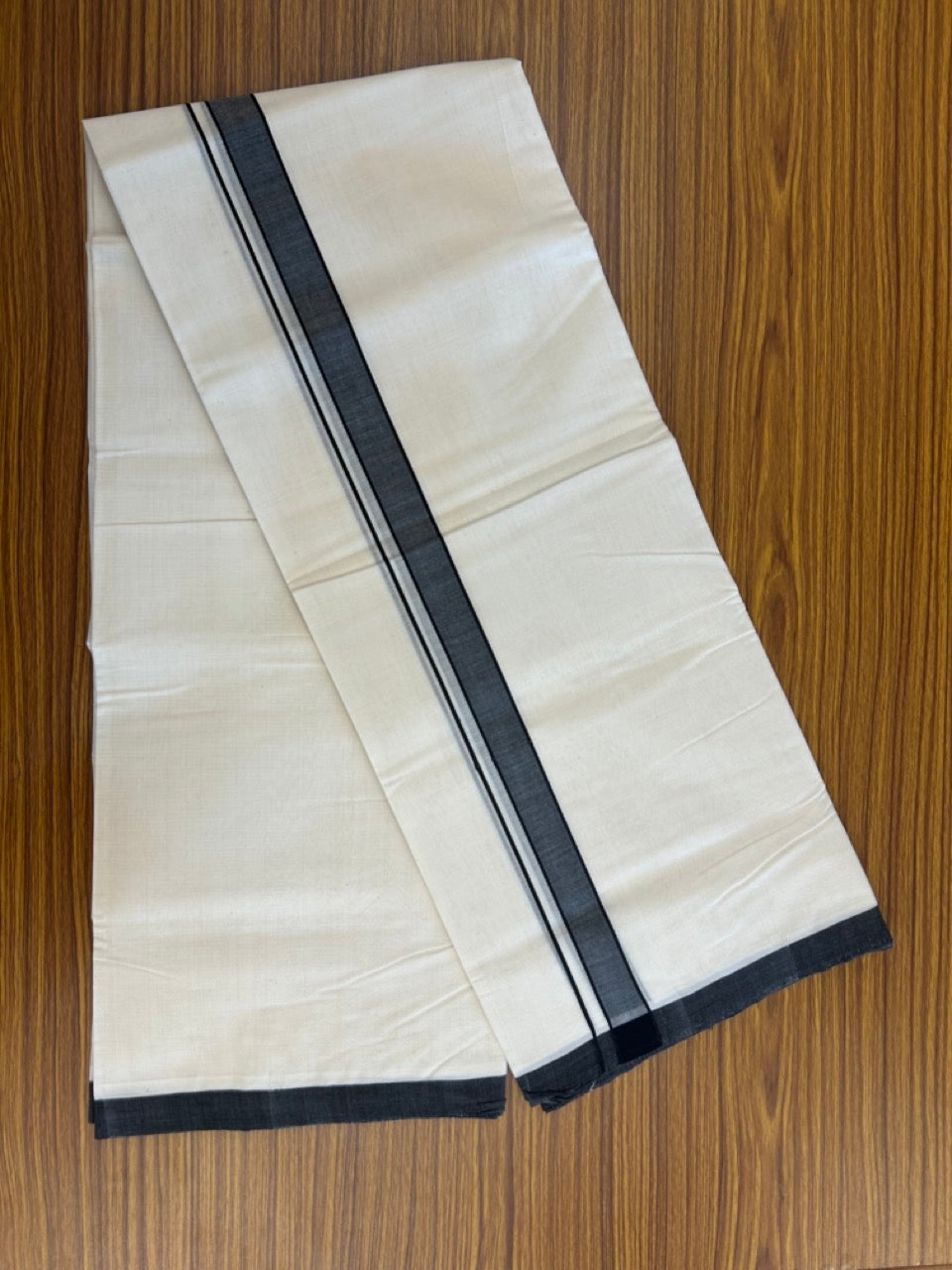 25% Discount ! KaithariKada Handloom Millpaav Balaramapuram - 100% PURE Cotton OFF White (Unbleached) Double Mundu/Dothi - 80x90 - 1.25 inch Black Mulloth Kara 4 Meters (8.5 Muzham) - 10 KK5256 RAM