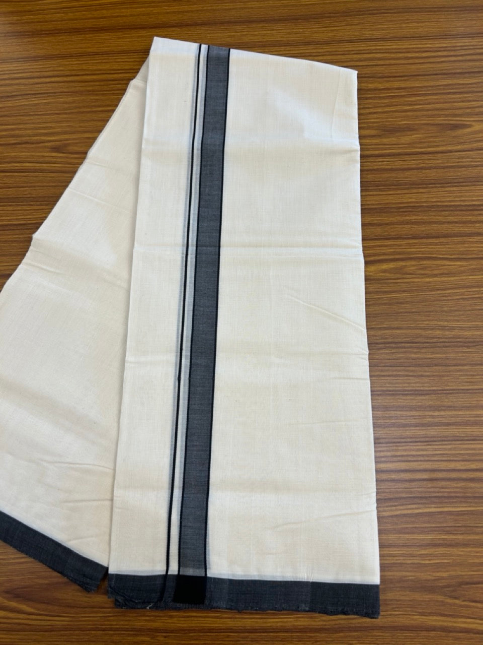 25% Discount ! KaithariKada Handloom Millpaav Balaramapuram - 100% PURE Cotton OFF White (Unbleached) Double Mundu/Dothi - 80x90 - 1.25 inch Black Mulloth Kara 4 Meters (8.5 Muzham) - 10 KK5256 RAM