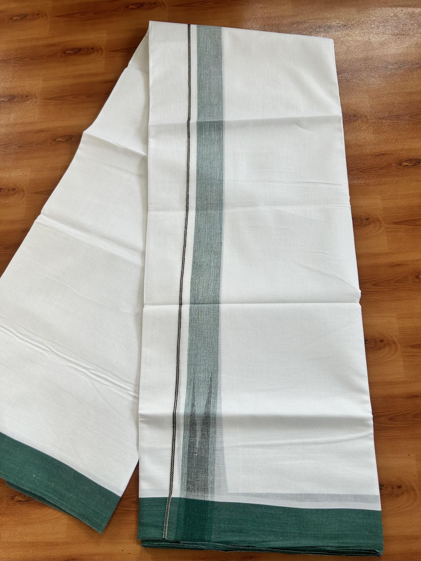 Double Pure White Mundu/Dhoti - 20% Discount !! KaithariKada Balaramapuram 100% Cotton - 100x80 - 1.25 inch Dark Green & Black Silver Chutty Kara 3.80 mtr (8 muzham) - 18 KK5414 CKS
