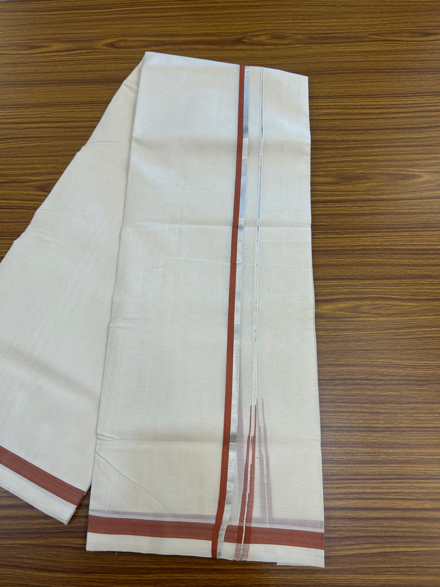 25% Discount!! KaithariKada Handloom Unakkupaav - Kerala Handloom - 100% Pure Cotton Off White - (Unbleached) Double Mundu/Dothi - 80X90 - 0.5 inch Puliyilakkara Silver Kasav & Brick Orange Chutty Kara 3.90 mtr (8 muzham) - 3 KK5369 YAR