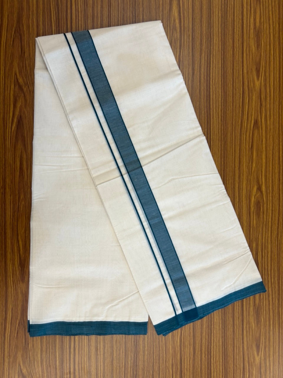25% Discount ! KaithariKada Handloom Millpaav Balaramapuram - 100% PURE Cotton OFF White (Unbleached) Double Mundu/Dothi - 80x90 - 1.25 inch Peacock Blue Mulloth Kara 4 Meters (8.5 Muzham) - 11 KK5256 RAM