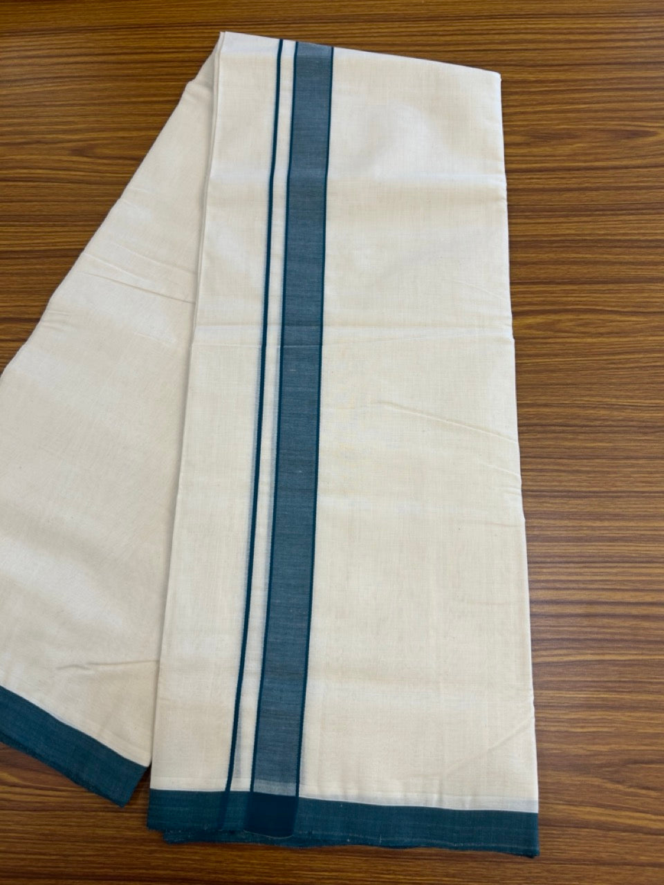 25% Discount ! KaithariKada Handloom Millpaav Balaramapuram - 100% PURE Cotton OFF White (Unbleached) Double Mundu/Dothi - 80x90 - 1.25 inch Peacock Blue Mulloth Kara 4 Meters (8.5 Muzham) - 11 KK5256 RAM