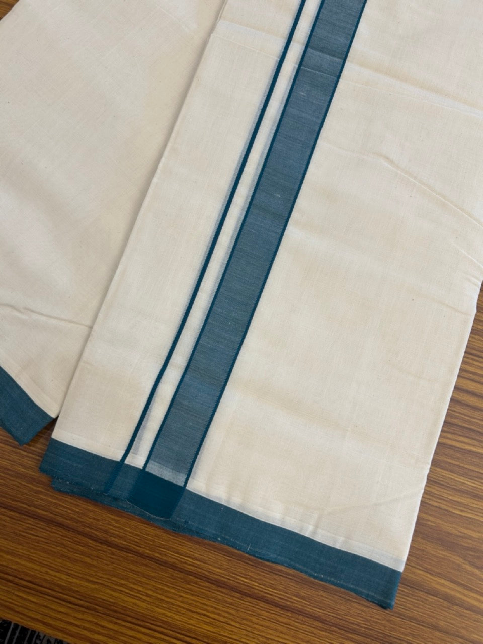 25% Discount ! KaithariKada Handloom Millpaav Balaramapuram - 100% PURE Cotton OFF White (Unbleached) Double Mundu/Dothi - 80x90 - 1.25 inch Peacock Blue Mulloth Kara 4 Meters (8.5 Muzham) - 11 KK5256 RAM