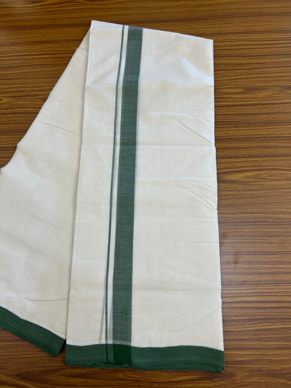 25% Discount ! KaithariKada Handloom Millpaav Balaramapuram - 100% PURE Cotton OFF White (Unbleached) Double Mundu/Dothi - 80x90 - 1.25 inch Green Mulloth Kara 4 Meters (8.5 Muzham) - 12 KK5256 RAM