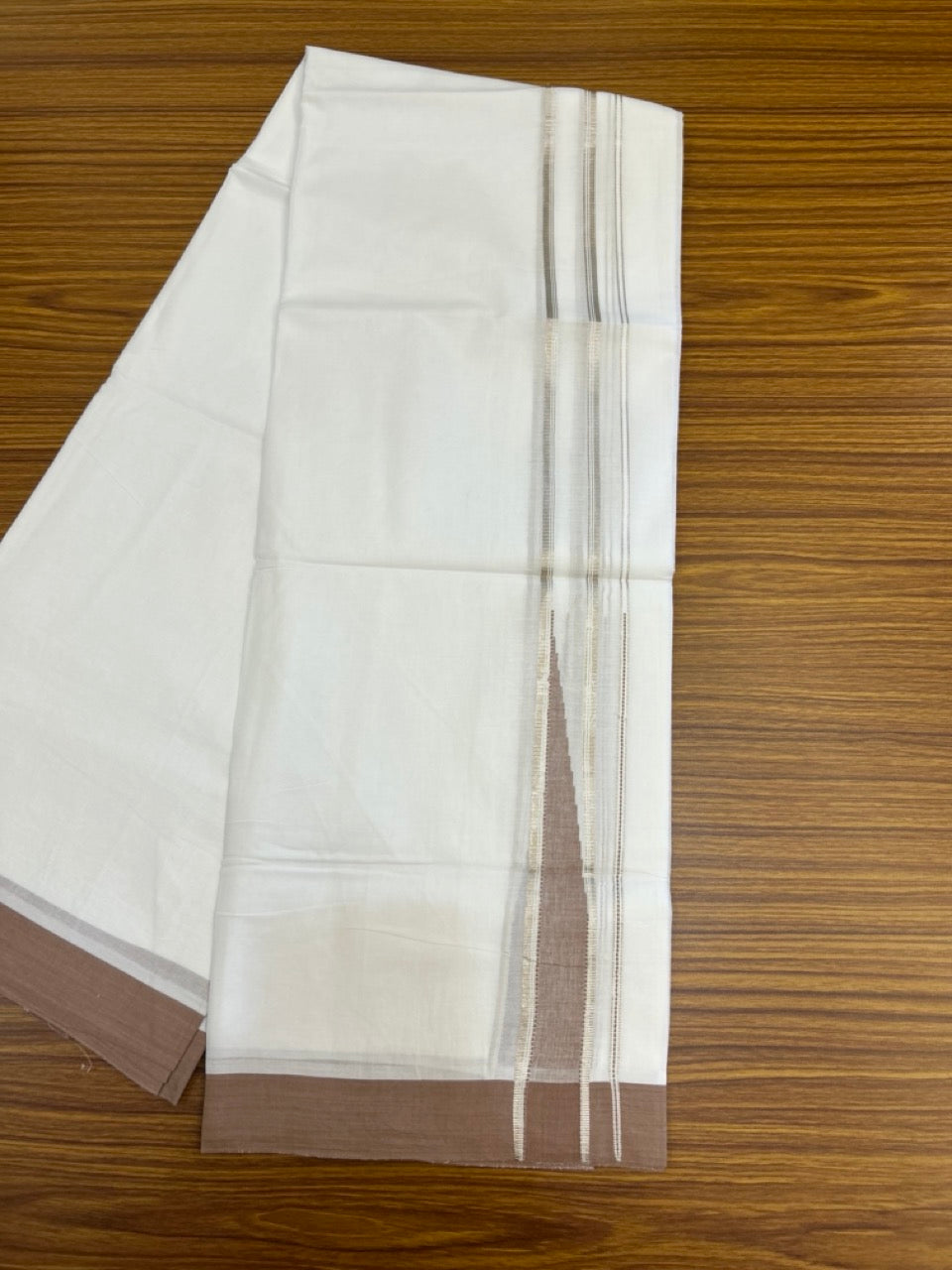 20% Discount! KaithariKada Balaramapuram 100% Cotton Double Pure white Mundu/Dhoti- 100x80 - 1.5 inch Silver & Mocca Brown Chutty kara - 3.90mtr ( 8 muzham) - 78 KK5279 CKS