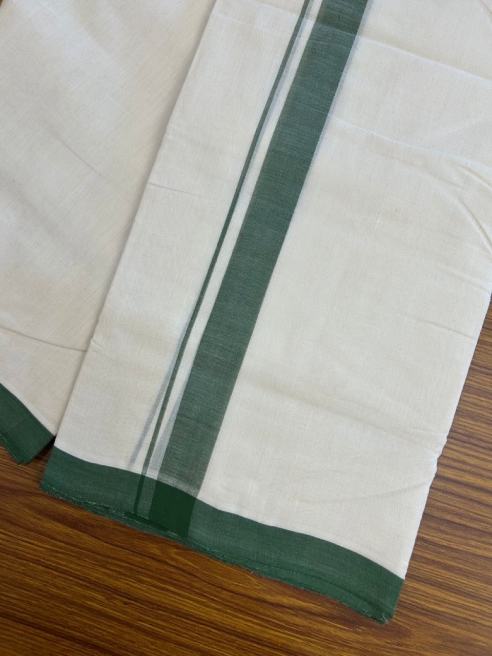 25% Discount ! KaithariKada Handloom Millpaav Balaramapuram - 100% PURE Cotton OFF White (Unbleached) Double Mundu/Dothi - 80x90 - 1.25 inch Green Mulloth Kara 4 Meters (8.5 Muzham) - 12 KK5256 RAM