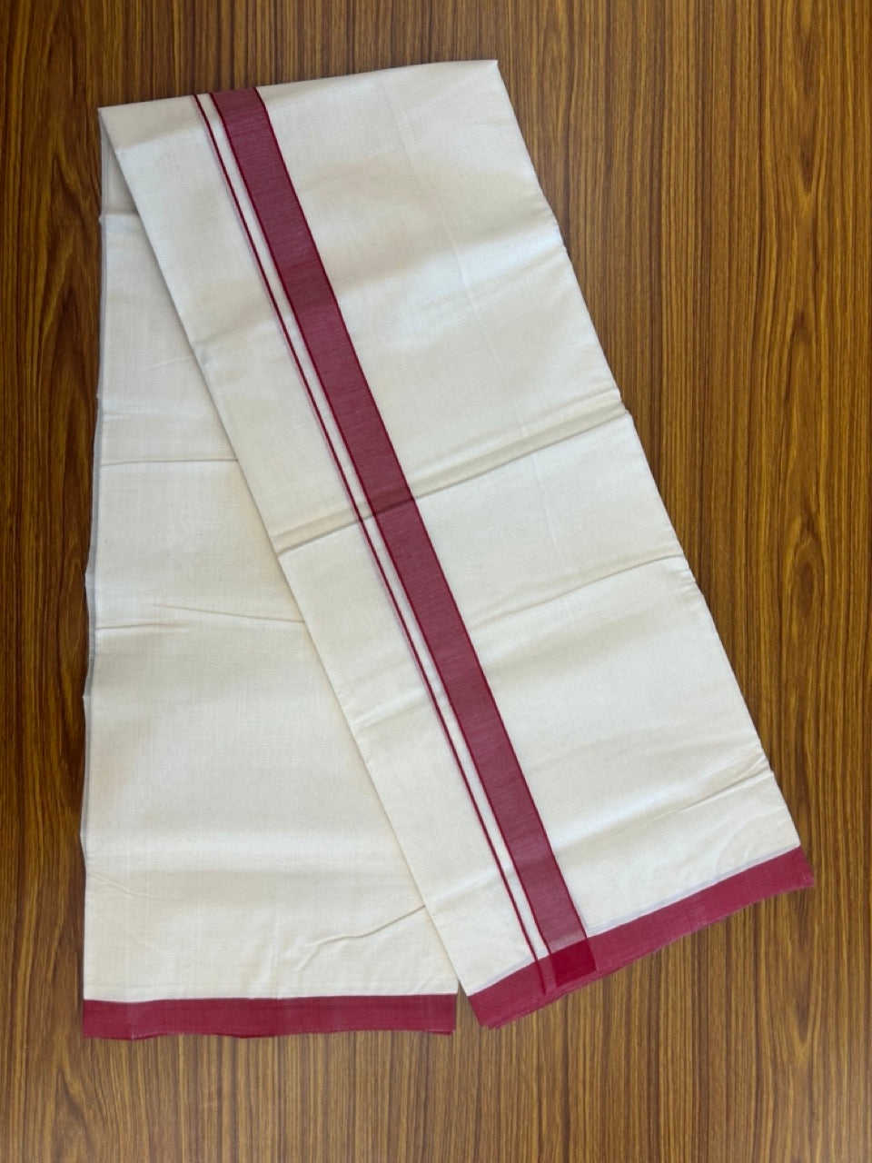 25% Discount ! KaithariKada Handloom Millpaav Balaramapuram - 100% PURE Cotton OFF White (Unbleached) Double Mundu/Dothi - 80x90 - 1 inch Maroon Mulloth Kara 4 Meters (8.5 Muzham) - 13 KK5256 RAM