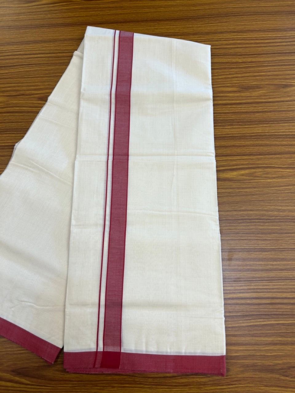 25% Discount ! KaithariKada Handloom Millpaav Balaramapuram - 100% PURE Cotton OFF White (Unbleached) Double Mundu/Dothi - 80x90 - 1 inch Maroon Mulloth Kara 4 Meters (8.5 Muzham) - 13 KK5256 RAM