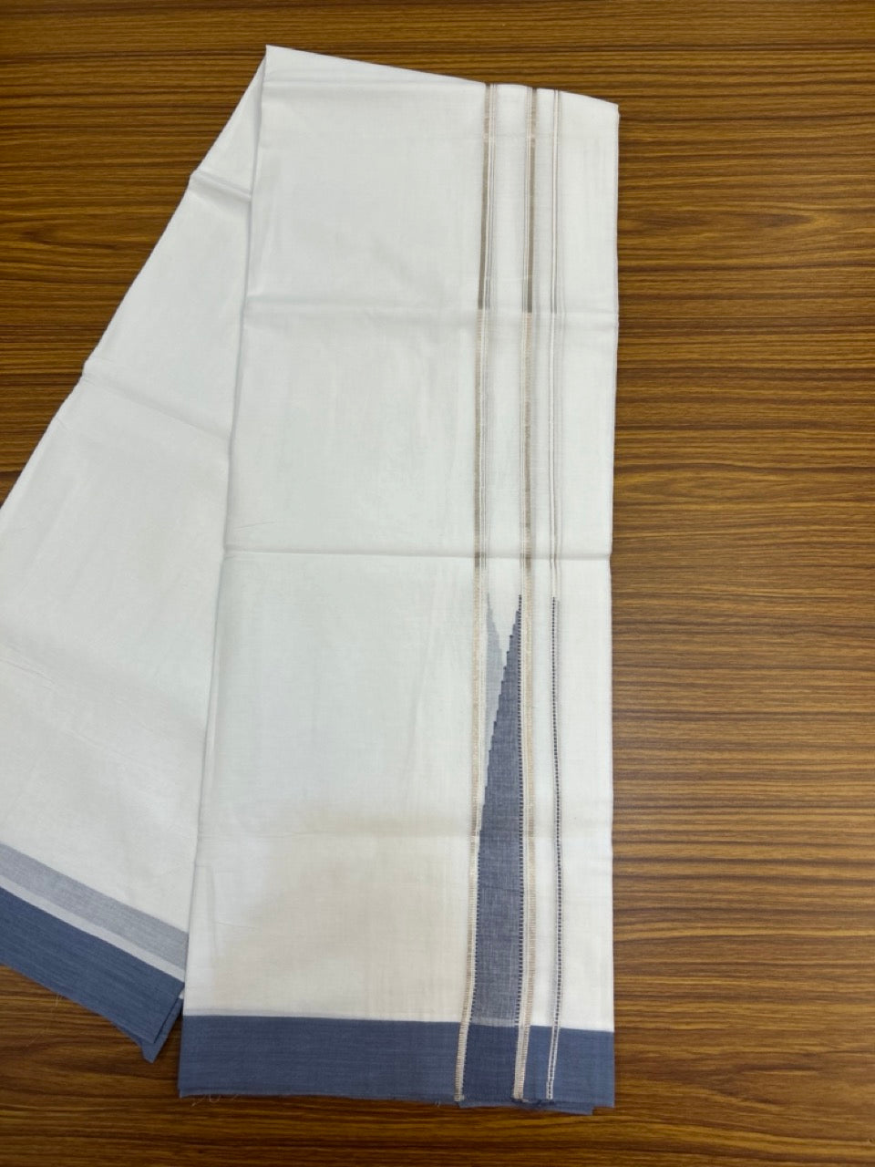 20% Discount! KaithariKada Balaramapuram 100% Cotton Double Pure white Mundu/Dhoti- 100x80 - 1.5 inch Silver & Ash Blue heavy Chutty kara - 3.90mtr ( 8 muzham) - 74 KK5279 CKS