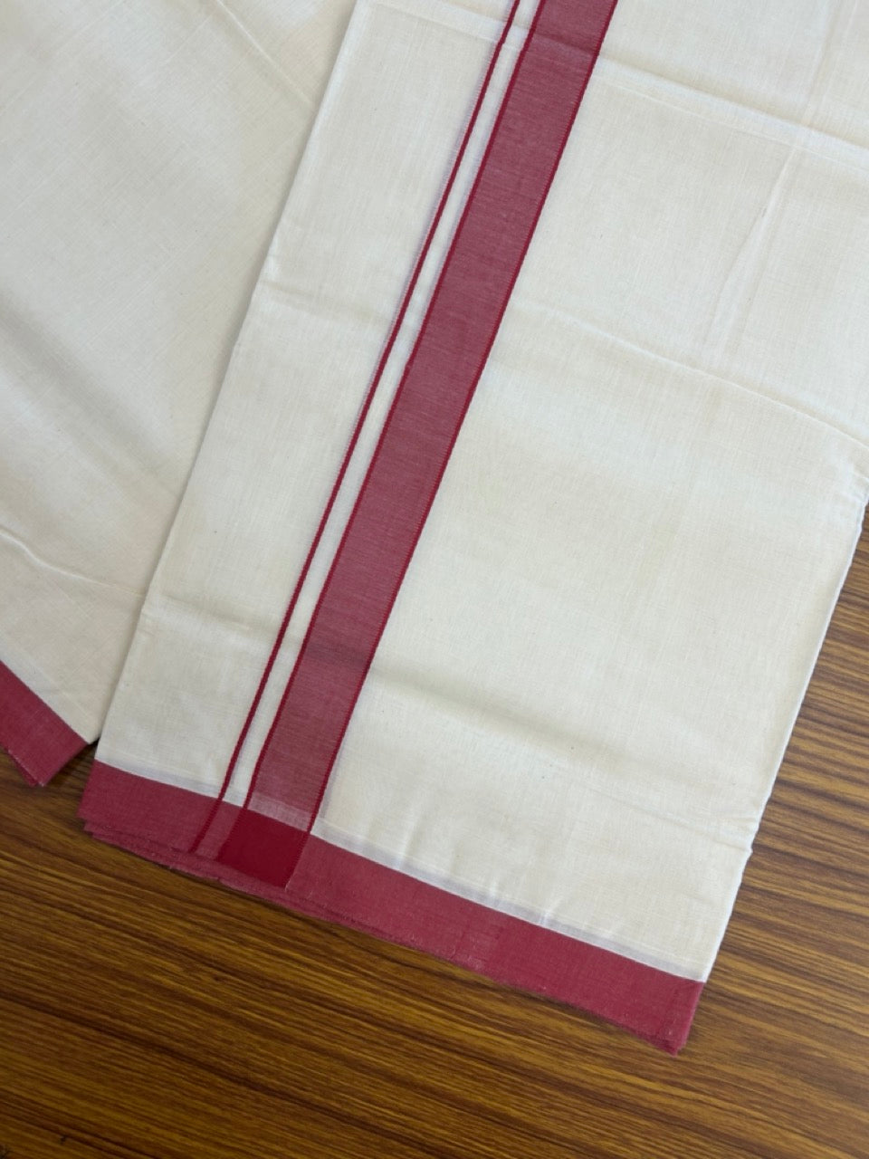 25% Discount ! KaithariKada Handloom Millpaav Balaramapuram - 100% PURE Cotton OFF White (Unbleached) Double Mundu/Dothi - 80x90 - 1 inch Maroon Mulloth Kara 4 Meters (8.5 Muzham) - 13 KK5256 RAM