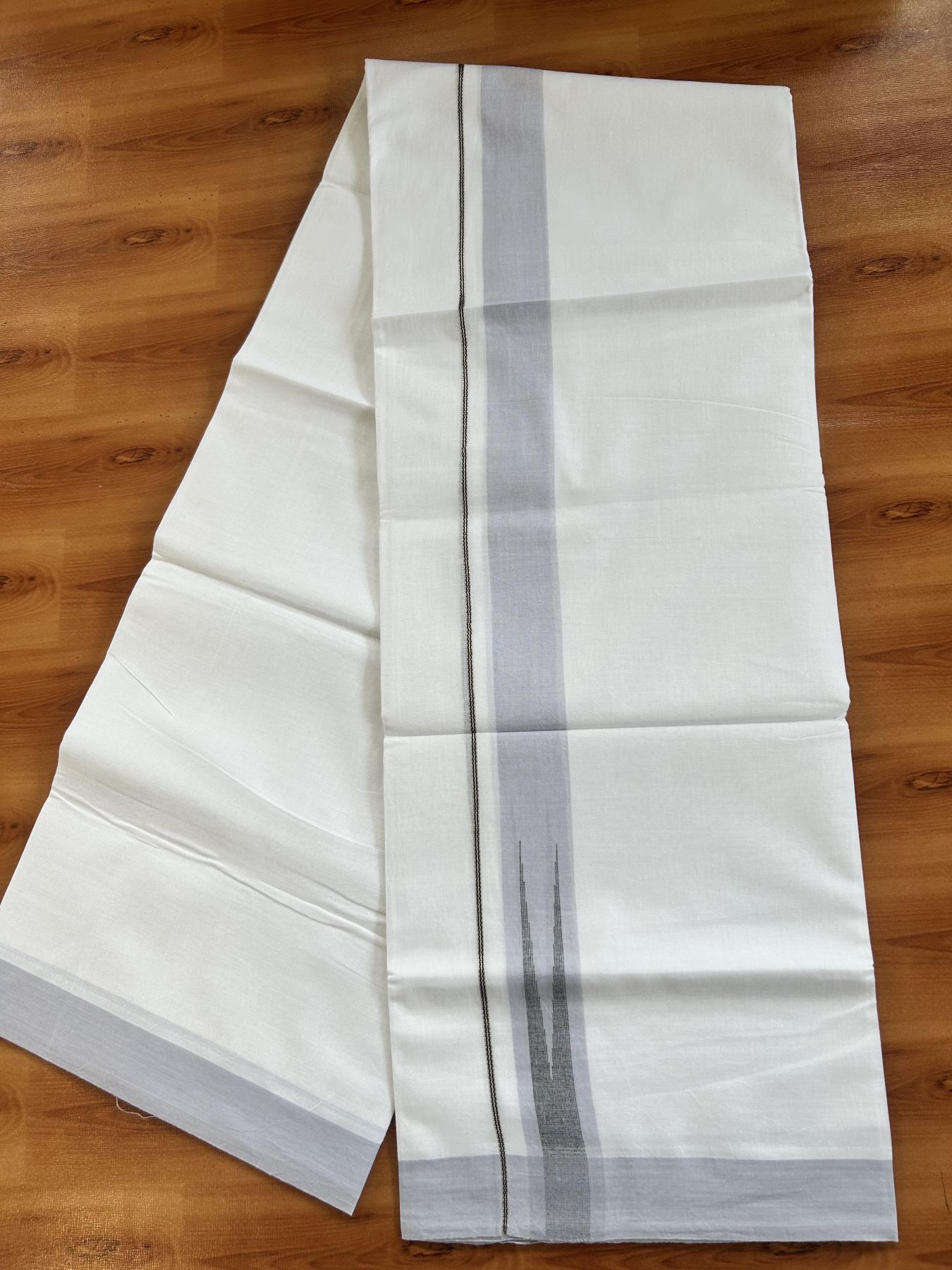 Double Pure White Mundu/Dhoti - 20% Discount !! KaithariKada Balaramapuram 100% Cotton - 100x80 - 1.25 inch Light Lavender & Black Silver Chutty Kara 3.80 mtr (8 muzham) - 21 KK5414 CKS
