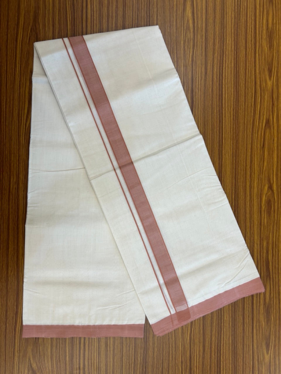 25% Discount ! KaithariKada Handloom Millpaav Balaramapuram - 100% PURE Cotton OFF White (Unbleached) Double Mundu/Dothi - 80x90 - 1 inch Light Pinkish Brown Mulloth Kara 4 Meters (8.5 Muzham) - 14 KK5256 RAM