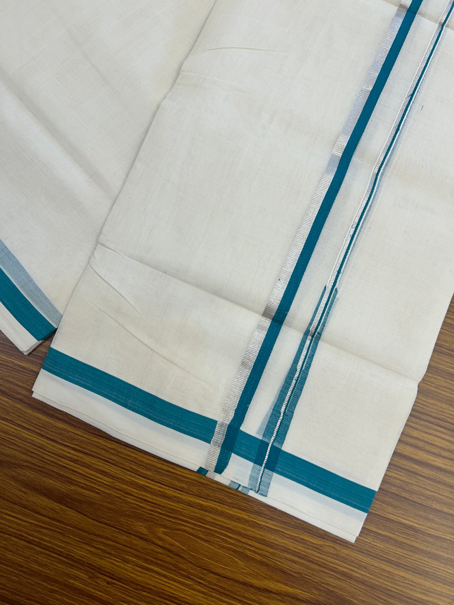 25% Discount!! KaithariKada Handloom Unakkupaav - Kerala Handloom - 100% Pure Cotton Off White - (Unbleached) Double Mundu/Dothi - 80X90 - 0.5 inch Puliyilakkara Silver Kasav & Green Blue Chutty Kara 3.90 mtr (8 muzham) - 6 KK5369 YAR