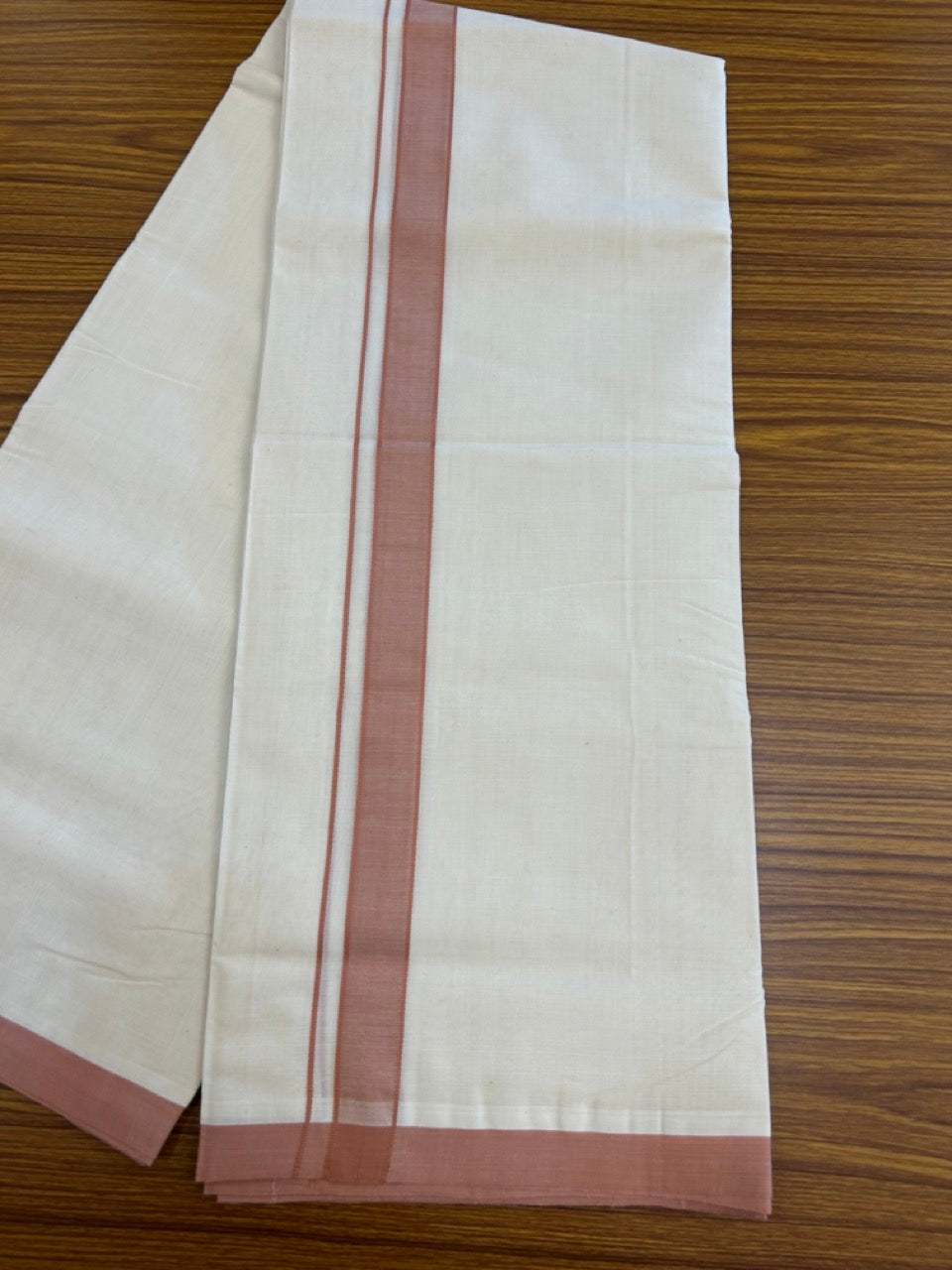 25% Discount ! KaithariKada Handloom Millpaav Balaramapuram - 100% PURE Cotton OFF White (Unbleached) Double Mundu/Dothi - 80x90 - 1 inch Light Pinkish Brown Mulloth Kara 4 Meters (8.5 Muzham) - 14 KK5256 RAM