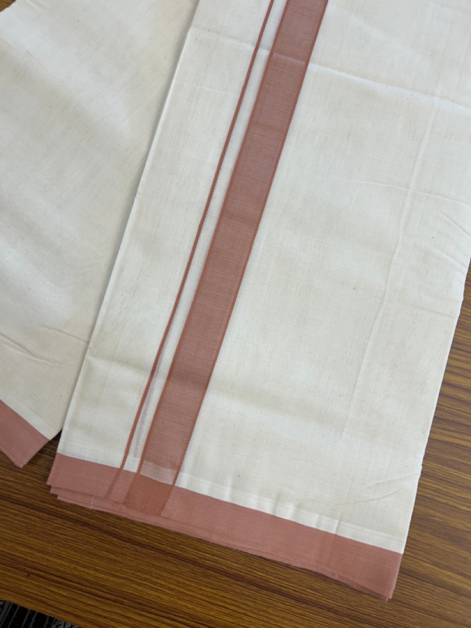 25% Discount ! KaithariKada Handloom Millpaav Balaramapuram - 100% PURE Cotton OFF White (Unbleached) Double Mundu/Dothi - 80x90 - 1 inch Light Pinkish Brown Mulloth Kara 4 Meters (8.5 Muzham) - 14 KK5256 RAM