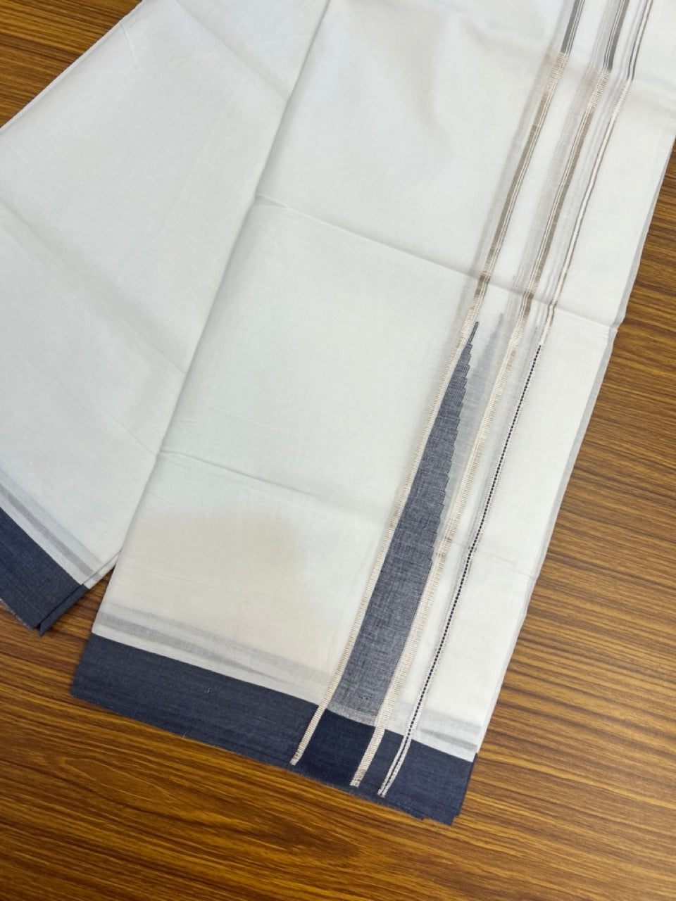 20% Discount! KaithariKada Balaramapuram 100% Cotton Double Pure white Mundu/Dhoti- 100x80 - 1.5 inch Silver & Navy Blue Chutty kara - 3.90mtr ( 8 muzham) - 77 KK5279 CKS