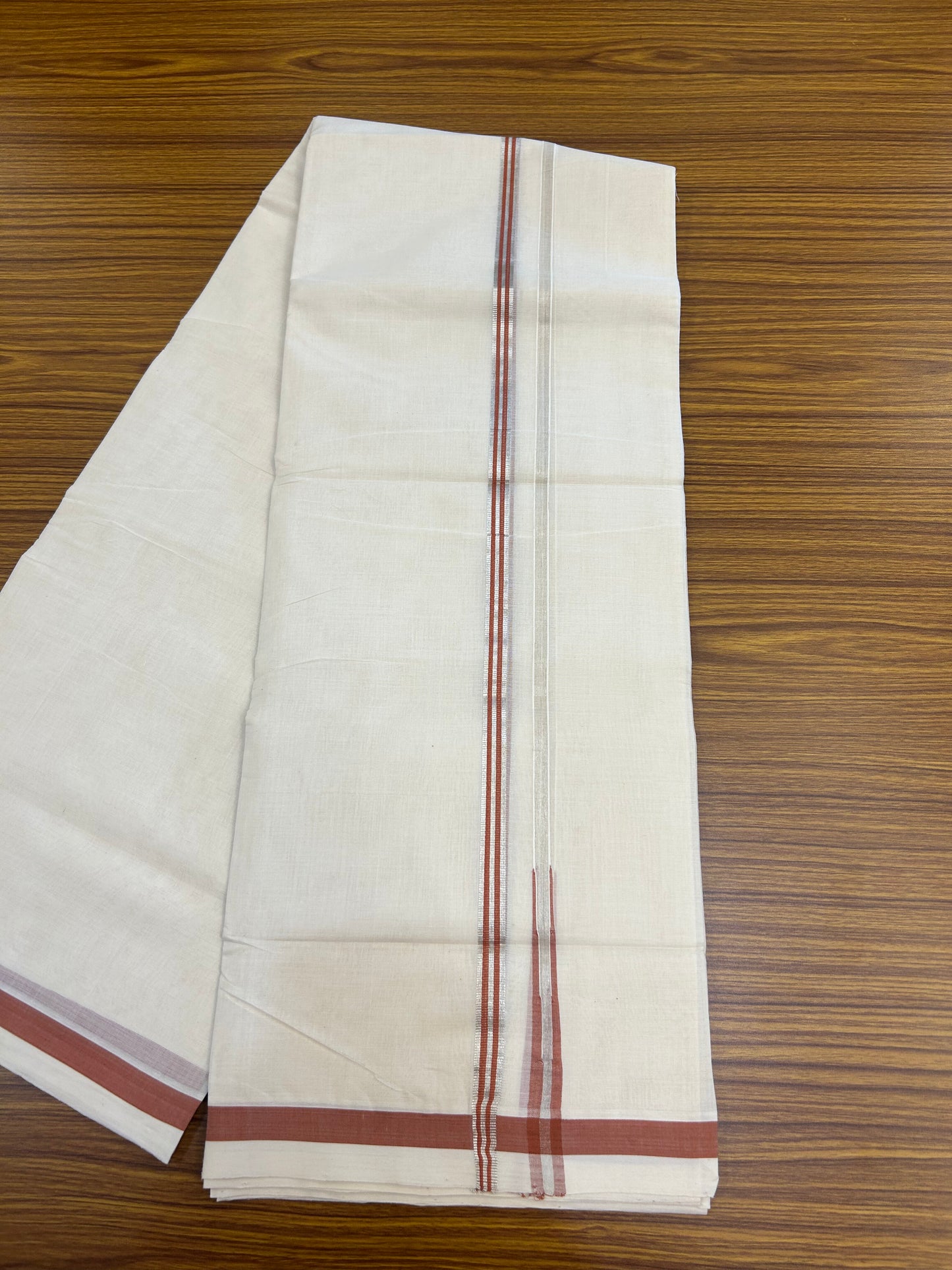 25% Discount!! KaithariKada Handloom Unakkupaav - Kerala Handloom - 100% Pure Cotton Off White - (Unbleached) Double Mundu/Dothi - 80X90 - 0.5 inch Puliyilakkara Silver Kasav & Brick Orange Chutty Kara 3.90 mtr (8 muzham) - 7 KK5369 YAR