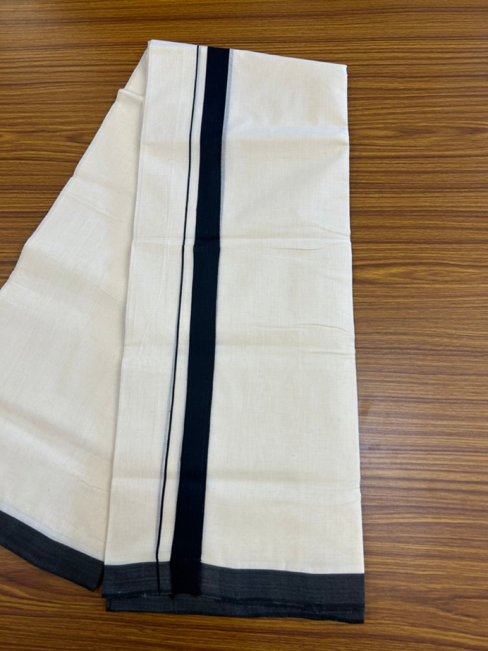 11% Discount ! KaithariKada Handloom Millpaav Balaramapuram - 100% PURE Cotton OFF White (Unbleached) Double Mundu/Dothi - 80x90 - 1 inch Black Kara 4 Meters (8.5 Muzham) - 15 KK5256 RAM