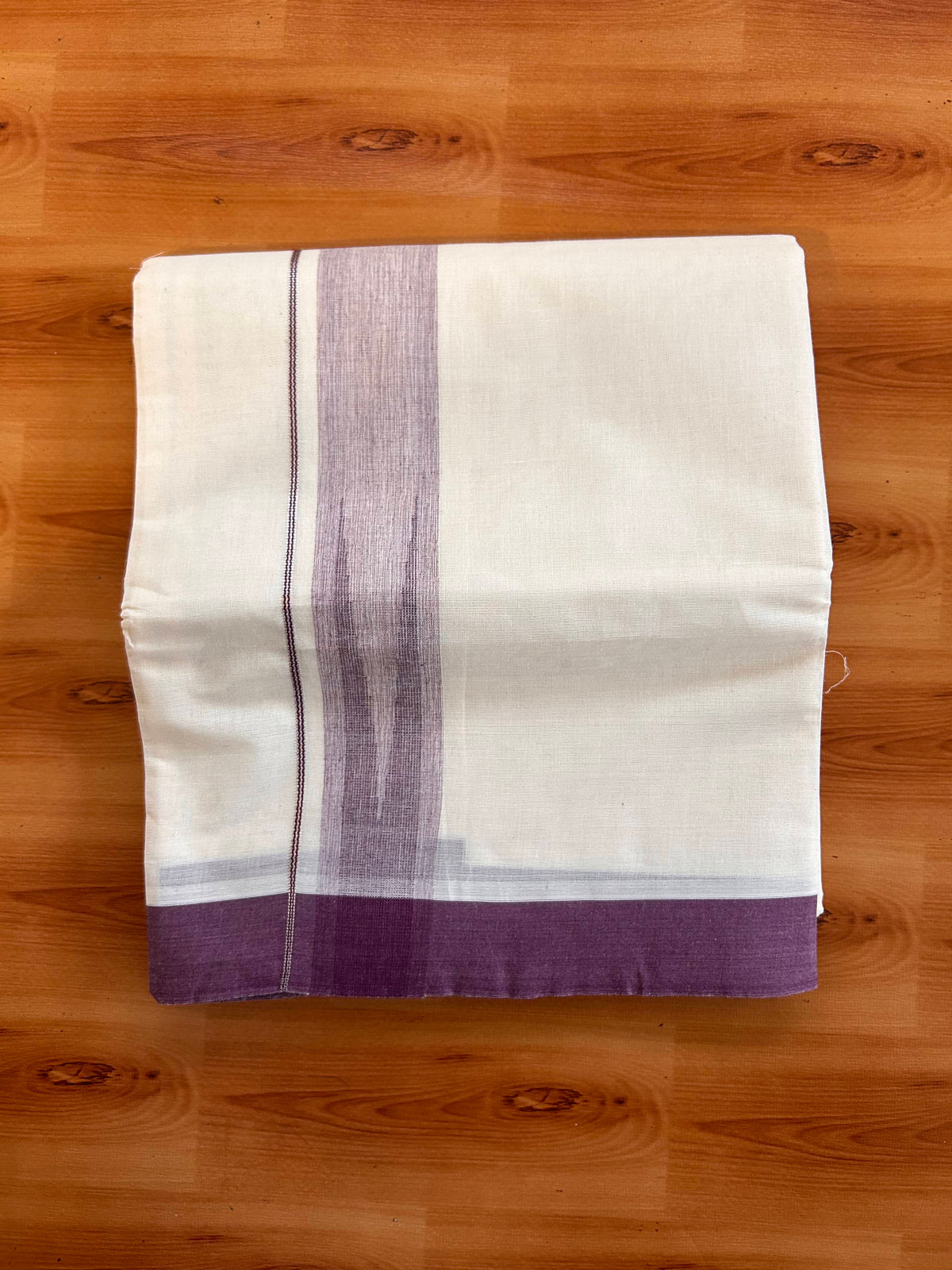 Double off white (Unbleached) Mund/Dhoti - 20% Discount! KaithariKada Pulimood Pure Cotton - 100X80 - 1.5 inch Silver kasav Purple Wine Shades Striped chutty 4 m (8.5 Muzham) - 5 KK5537 VAS