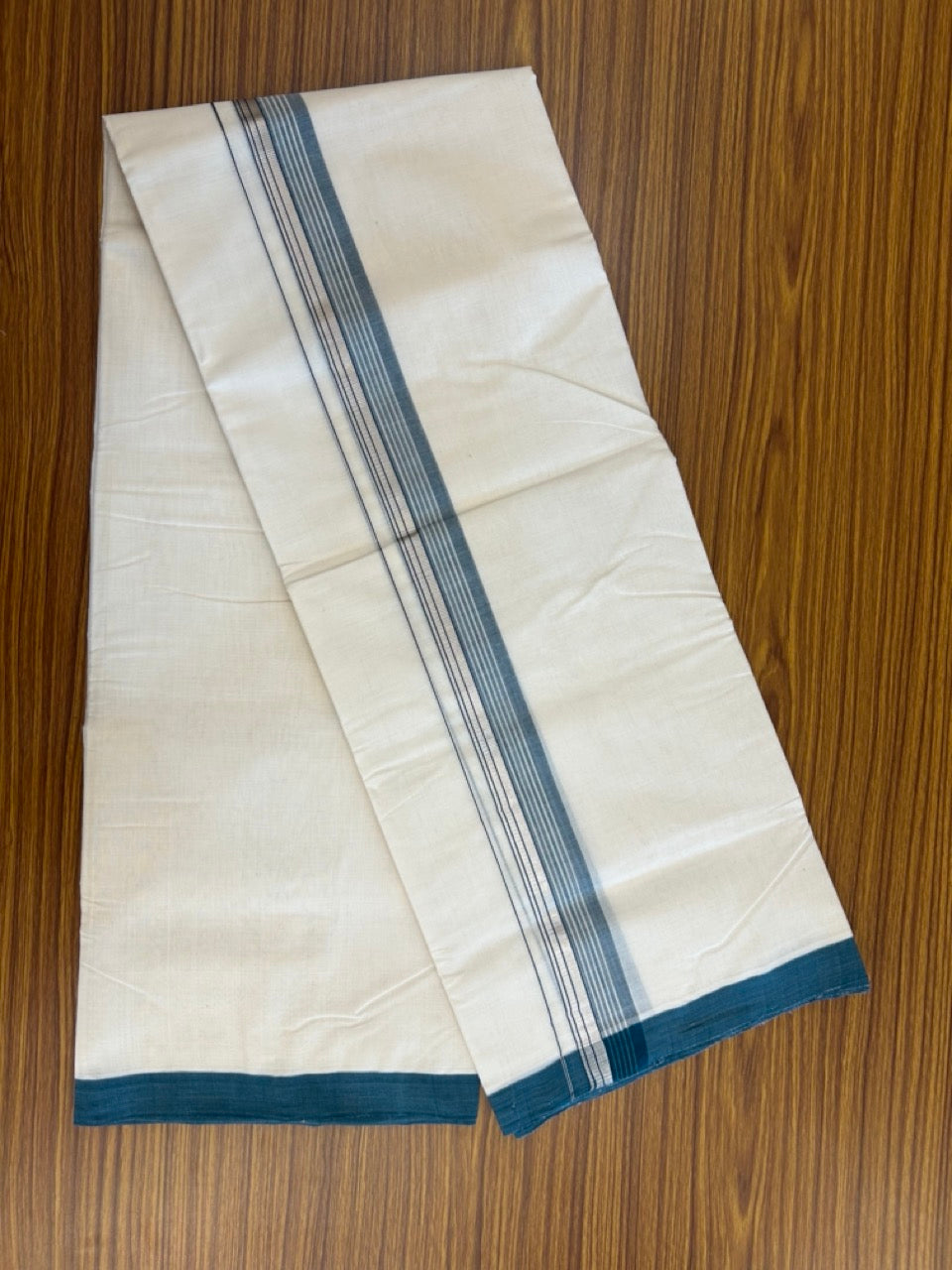 25% Discount ! KaithariKada Handloom Millpaav Balaramapuram - 100% PURE Cotton OFF White (Unbleached) Double Mundu/Dothi - 80x90 - 1.5 inch Silver Kasav & Peacock Blue Striped Kara 4 Meters (8.5 Muzham) - 17 KK5256 RAM