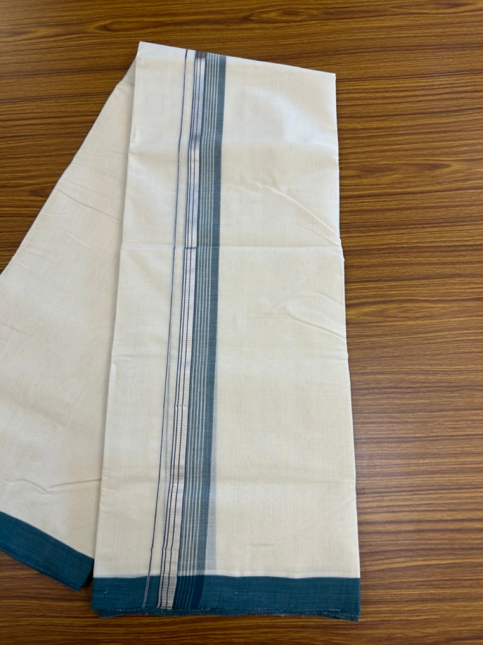 25% Discount ! KaithariKada Handloom Millpaav Balaramapuram - 100% PURE Cotton OFF White (Unbleached) Double Mundu/Dothi - 80x90 - 1.5 inch Silver Kasav & Peacock Blue Striped Kara 4 Meters (8.5 Muzham) - 17 KK5256 RAM