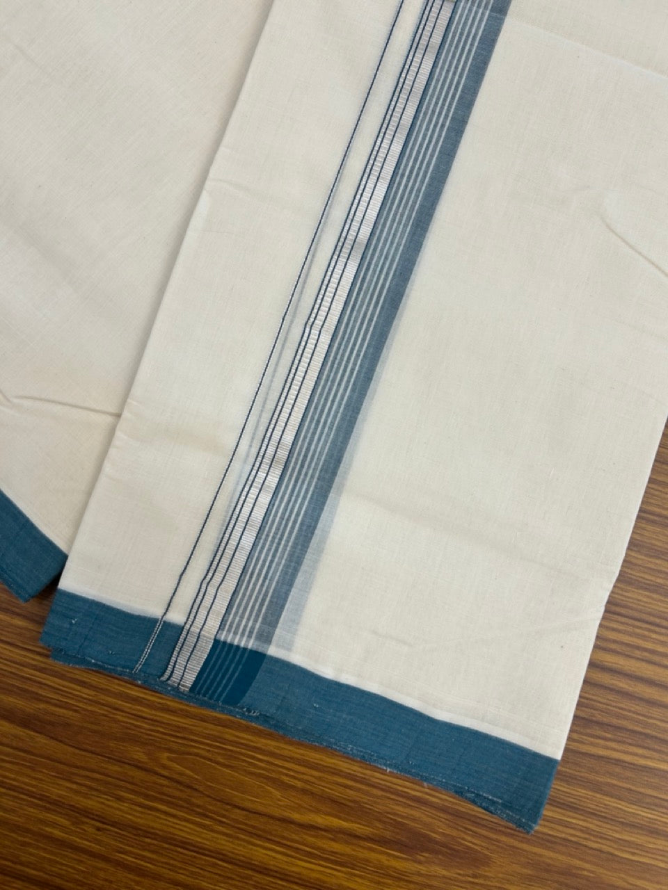 25% Discount ! KaithariKada Handloom Millpaav Balaramapuram - 100% PURE Cotton OFF White (Unbleached) Double Mundu/Dothi - 80x90 - 1.5 inch Silver Kasav & Peacock Blue Striped Kara 4 Meters (8.5 Muzham) - 17 KK5256 RAM